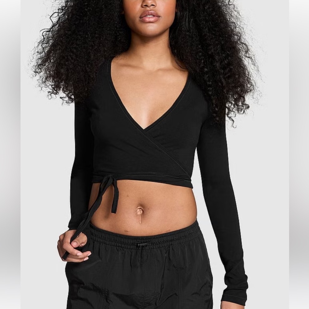 Victoria Secret Pink Base Ballet Cotton Wrap Top Black Small